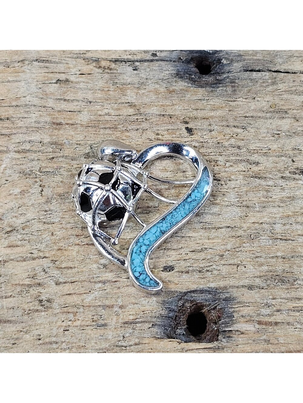 S925 Sterling Silver Heart Soccer Ball & Turquoise Inlay Pendant Charm Sports